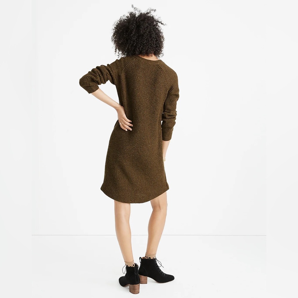 Madewell Wool Blend Curved Hem Long Sleeve Sweater Dress Olive Green Medium - Picture 2 of 7